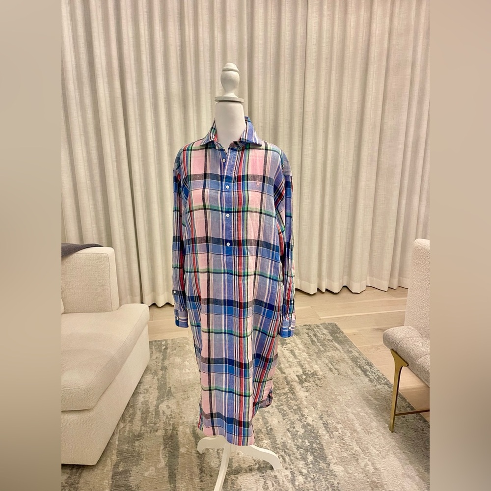 Polo Ralph Lauren Womens Multicolor 100% Linen Madras Plaid Pink Pony Dress Sz 6